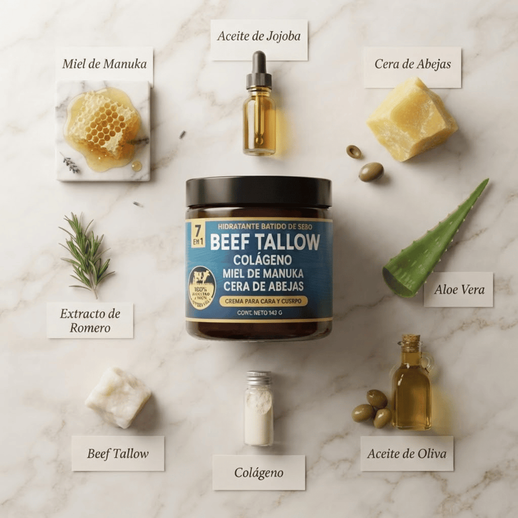 Beef Tallow 7 en 1 — 7 ingredientes. Una crema. Piel transformada.