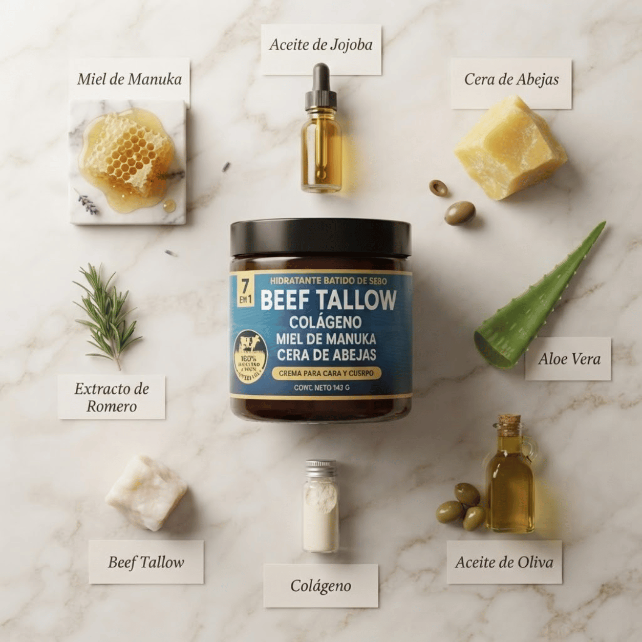Beef Tallow 7 en 1 — 7 ingredientes. Una crema. Piel transformada.